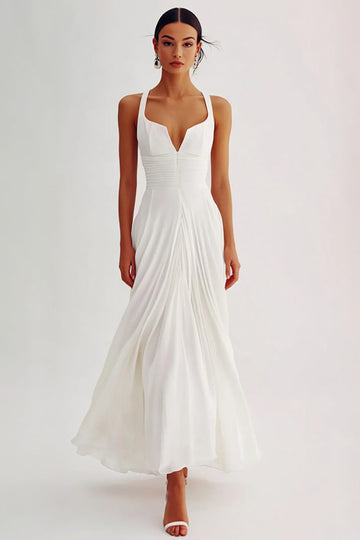 Flowy White Ruched A Line Graduation Dress